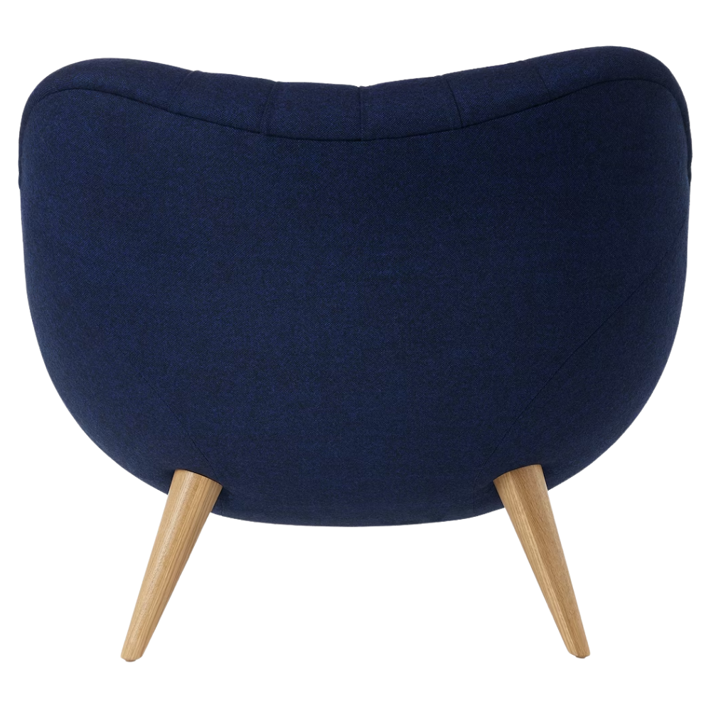 The Rohde Easy Chair from Herman Miller with the inkpad beck upholstery and oak leg finish from the back.