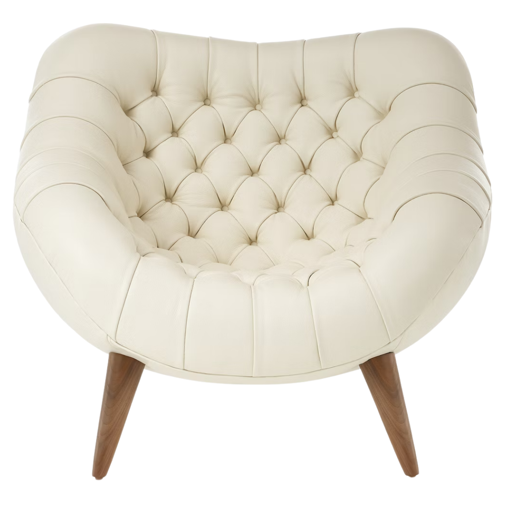 The Rohde Easy Chair from Herman Miller with the lotus prone leather upholstery and walnut leg finish from the front.