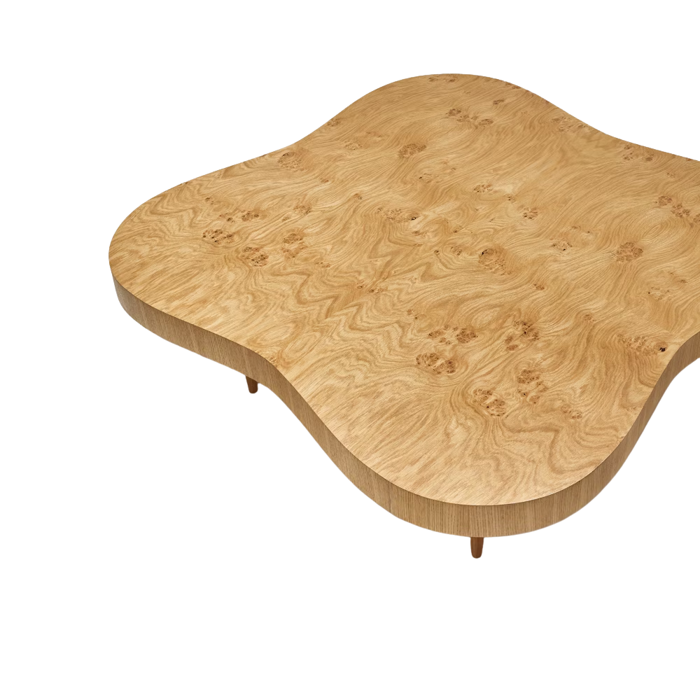 The oak burl Rohde Paldao Coffee Table from Herman Miller in a product shot of the table from above.