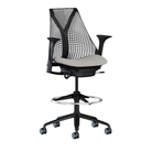 The Sayl Stool from Herman Miller with Black back support, black frame and fog seat fabric.