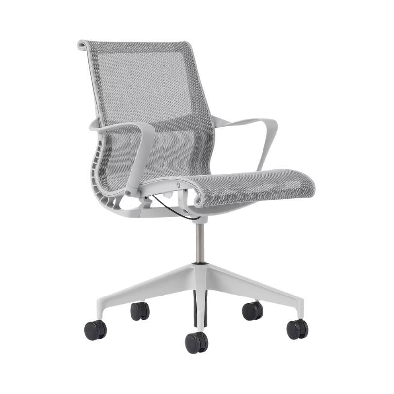 Setu Office Chair with Ribbon Arms by Herman Miller in mineral intercept upholstery with mineral frame and silver alloy base from the side.