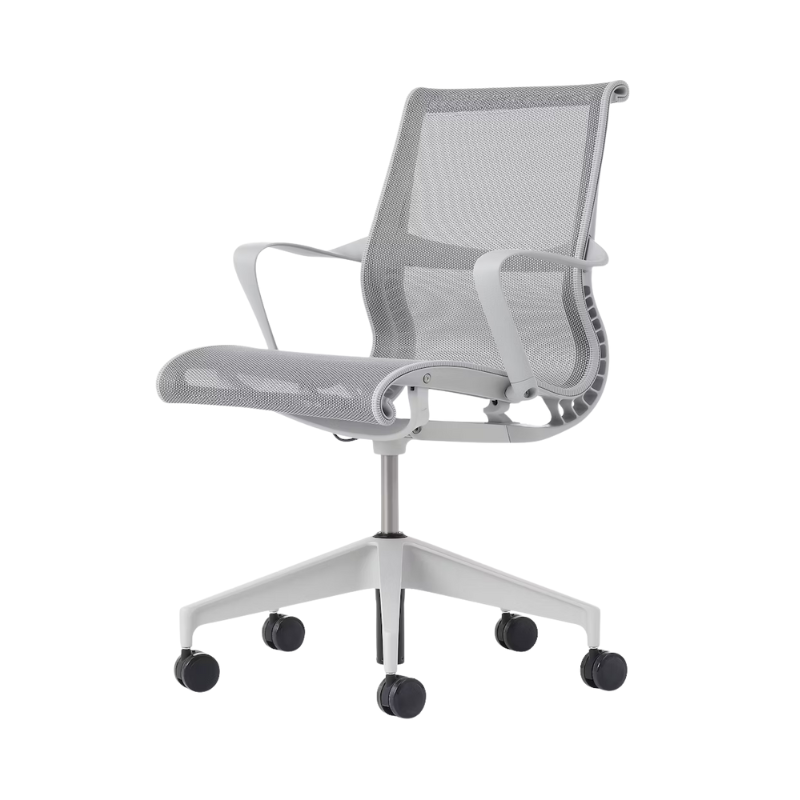 Setu Office Chair with Ribbon Arms by Herman Miller in mineral intercept upholstery with mineral frame and silver alloy base from an angle.