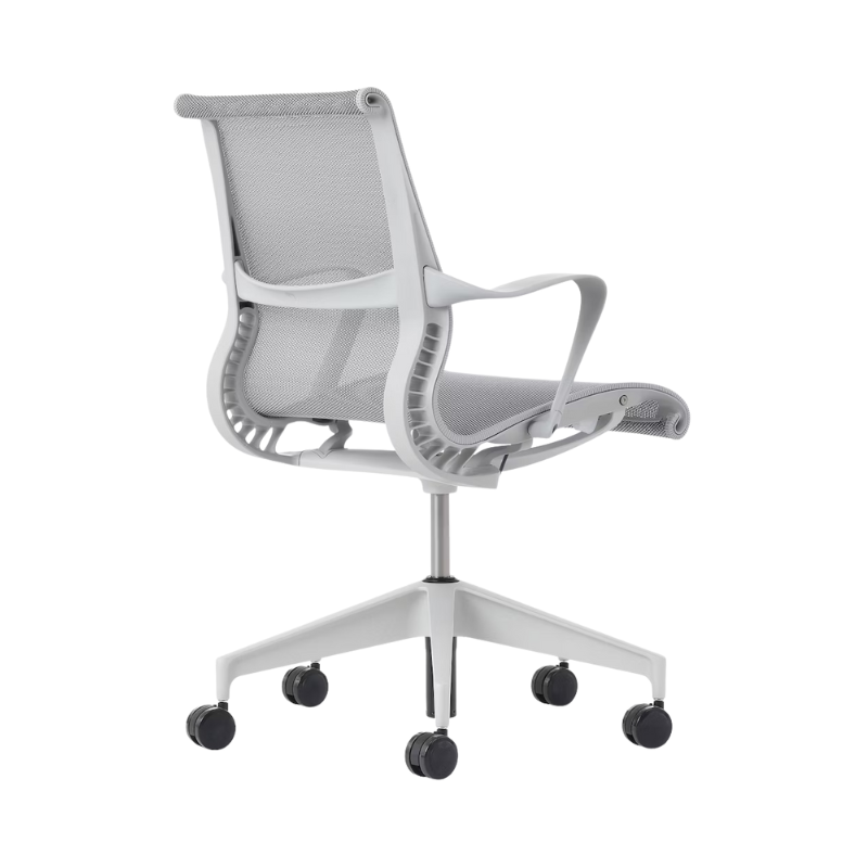 Setu Office Chair with Ribbon Arms by Herman Miller in mineral intercept upholstery with mineral frame and silver alloy base from the back.