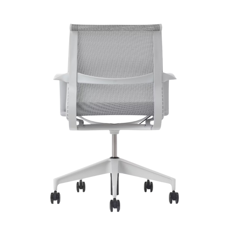 Setu Office Chair with Ribbon Arms by Herman Miller in mineral intercept upholstery with mineral frame and silver alloy base from the back.