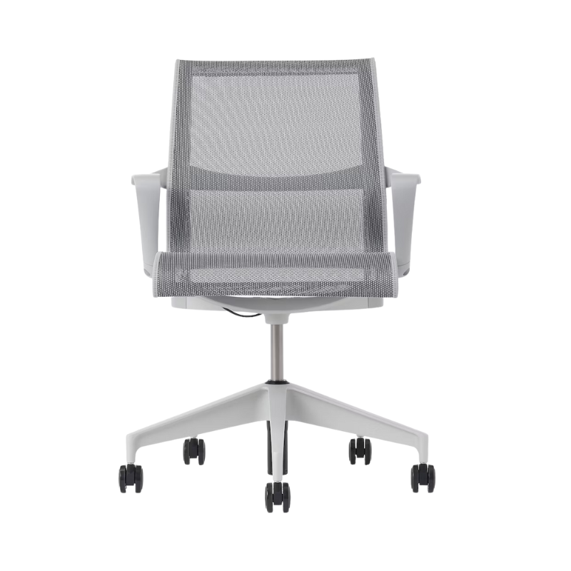 Setu Office Chair with Ribbon Arms by Herman Miller in mineral intercept upholstery with mineral frame and silver alloy base.