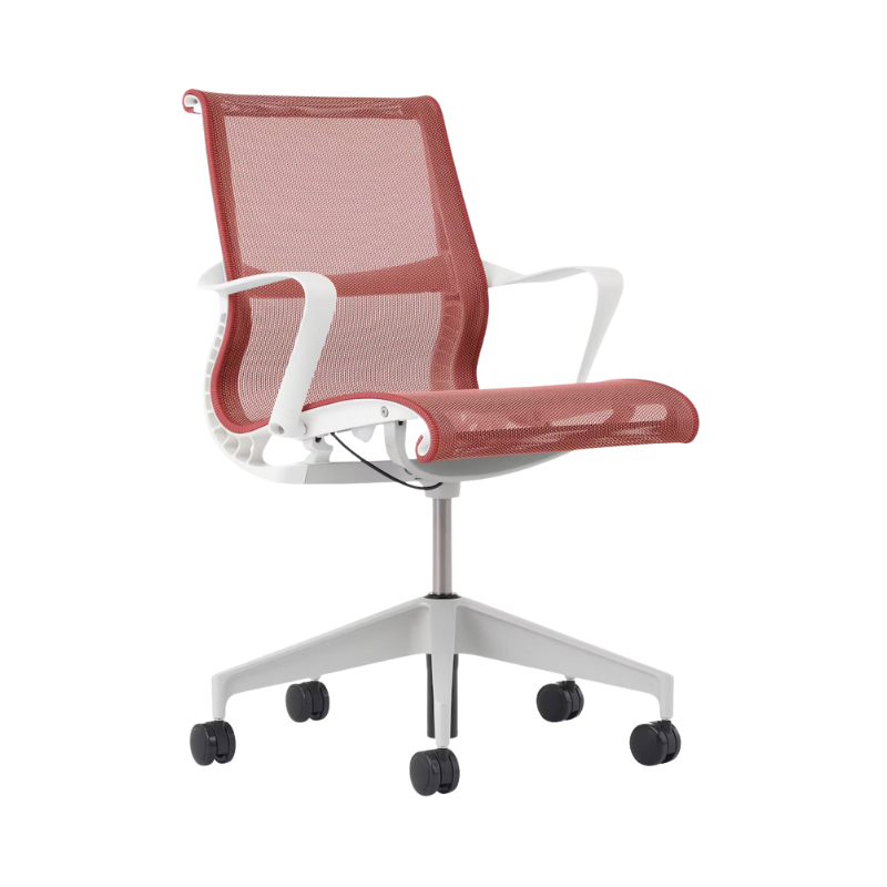 Setu Office Chair with Ribbon Arms by Herman Miller in canyon intercept upholstery with white frame and silver alloy base.