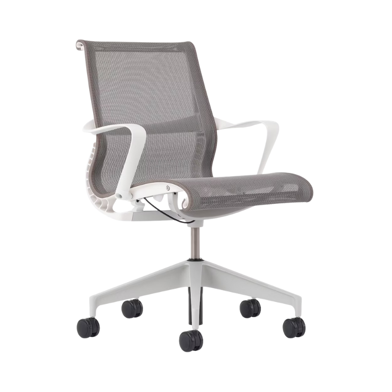 Setu Office Chair with Ribbon Arms by Herman Miller in cocoa intercept upholstery with white frame and silver alloy base.
