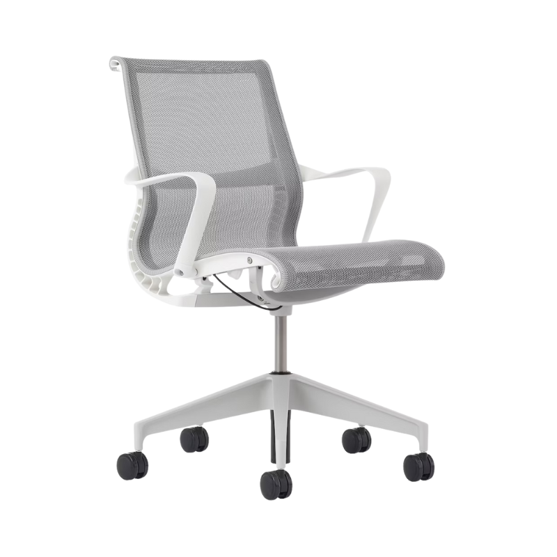 Setu Office Chair with Ribbon Arms by Herman Miller in Mineral intercept upholstery with white frame and silver alloy base.