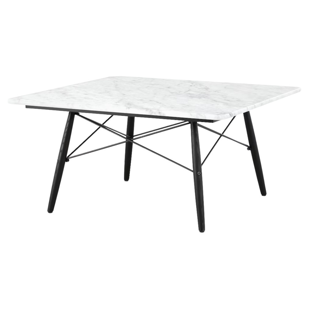 The Square Eames Coffee Table from Herman Miller with the carrara table top and ebony legs at an angle.