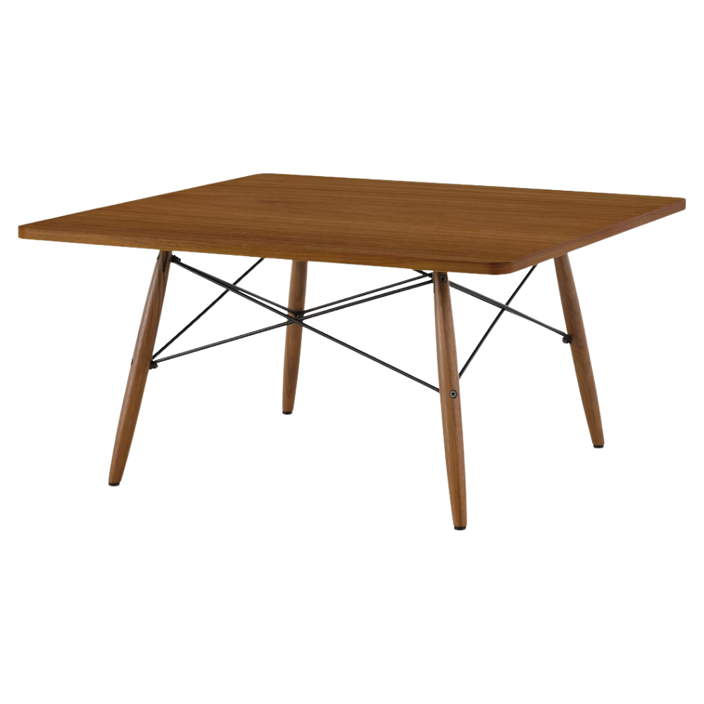 The Square Eames Coffee Table from Herman Miller with the walnut table top and legs at an angle.