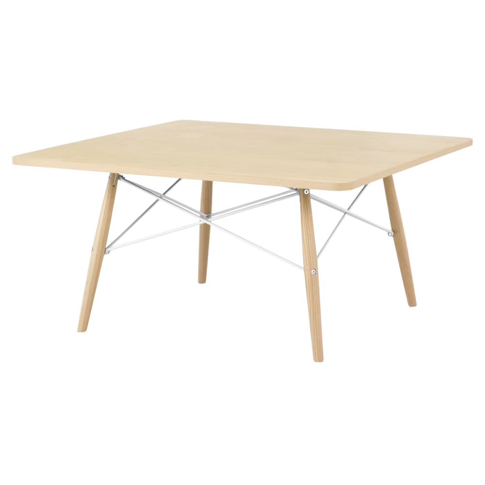 The Square Eames Coffee Table from Herman Miller with the white ash table top and legs at an angle.