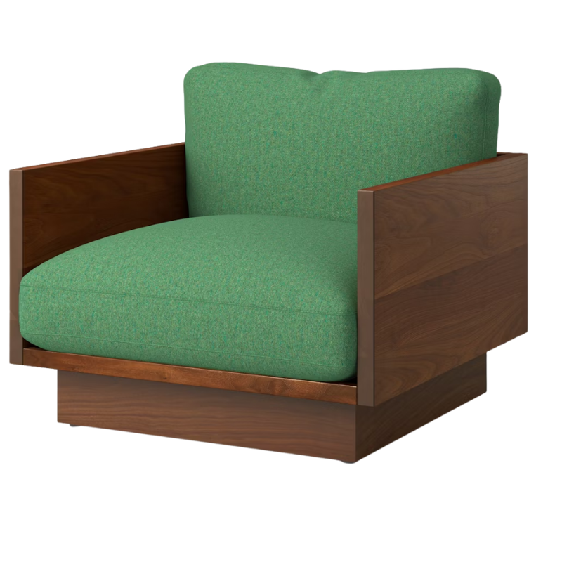 The Tudor Walnut Pawson Drift Lounge Chair from Herman Miller with luce virescent upholstery.