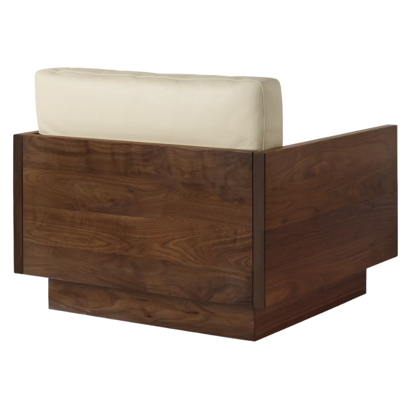 Wooden ottoman with a white cushion on a white background