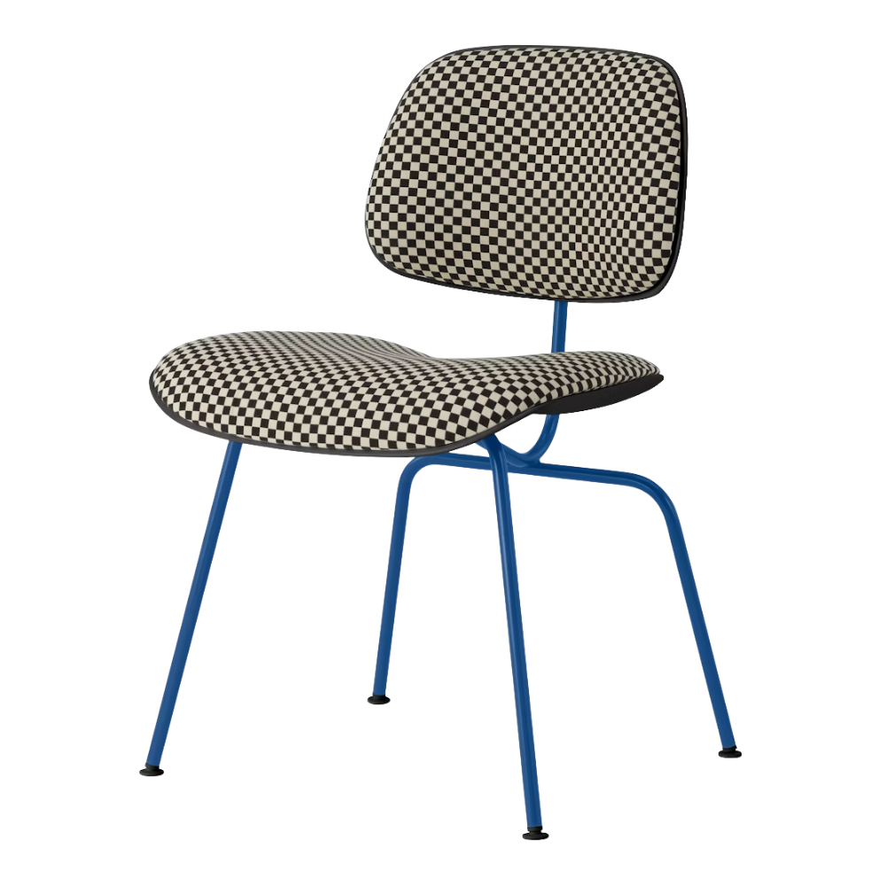 The Upholstered Eames Molded Plastic Dining Chair from Herman Miller with black and white checker upholstery, black shell and berry blue leg finish.