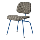 The Upholstered Eames Molded Plastic Dining Chair from Herman Miller with black and white checker upholstery, black shell and berry blue leg finish.