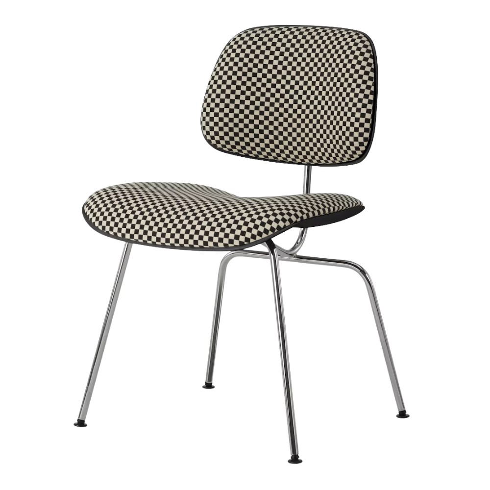 The Upholstered Eames Molded Plastic Dining Chair from Herman Miller with black and white checker upholstery, black shell and trivalent chrome leg finish.