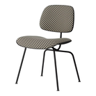 The Upholstered Eames Molded Plastic Dining Chair from Herman Miller with black and white checker upholstery, black shell and ultra black leg finish.