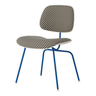 The Upholstered Eames Molded Plastic Dining Chair from Herman Miller with black and white checker upholstery, white shell and berry blue leg finish.