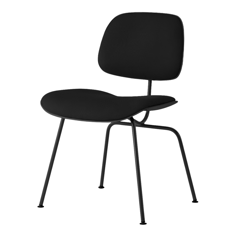 The Upholstered Eames Molded Plastic Dining Chair from Herman Miller with black hopsak upholstery, black shell and ultra black leg finish.