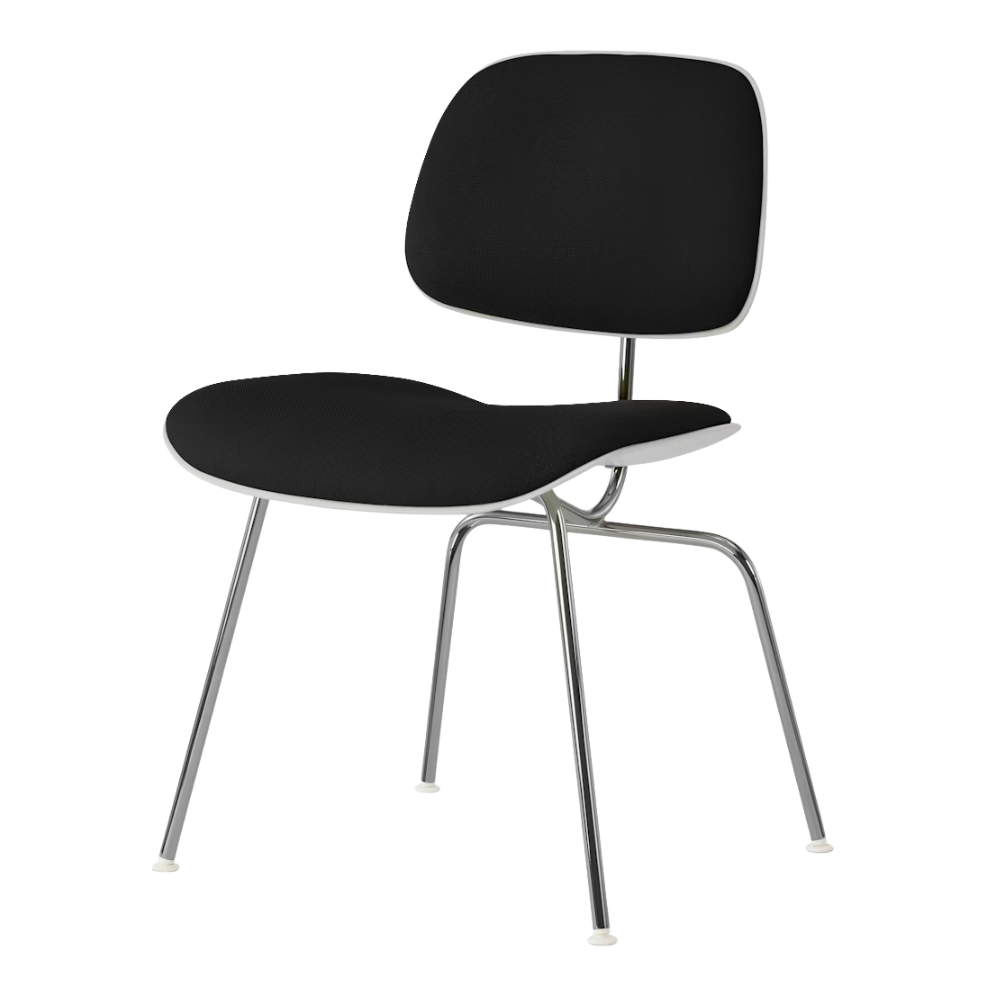 The Upholstered Eames Molded Plastic Dining Chair from Herman Miller with black hopsak upholstery, white shell and trivalent chrome leg finish.