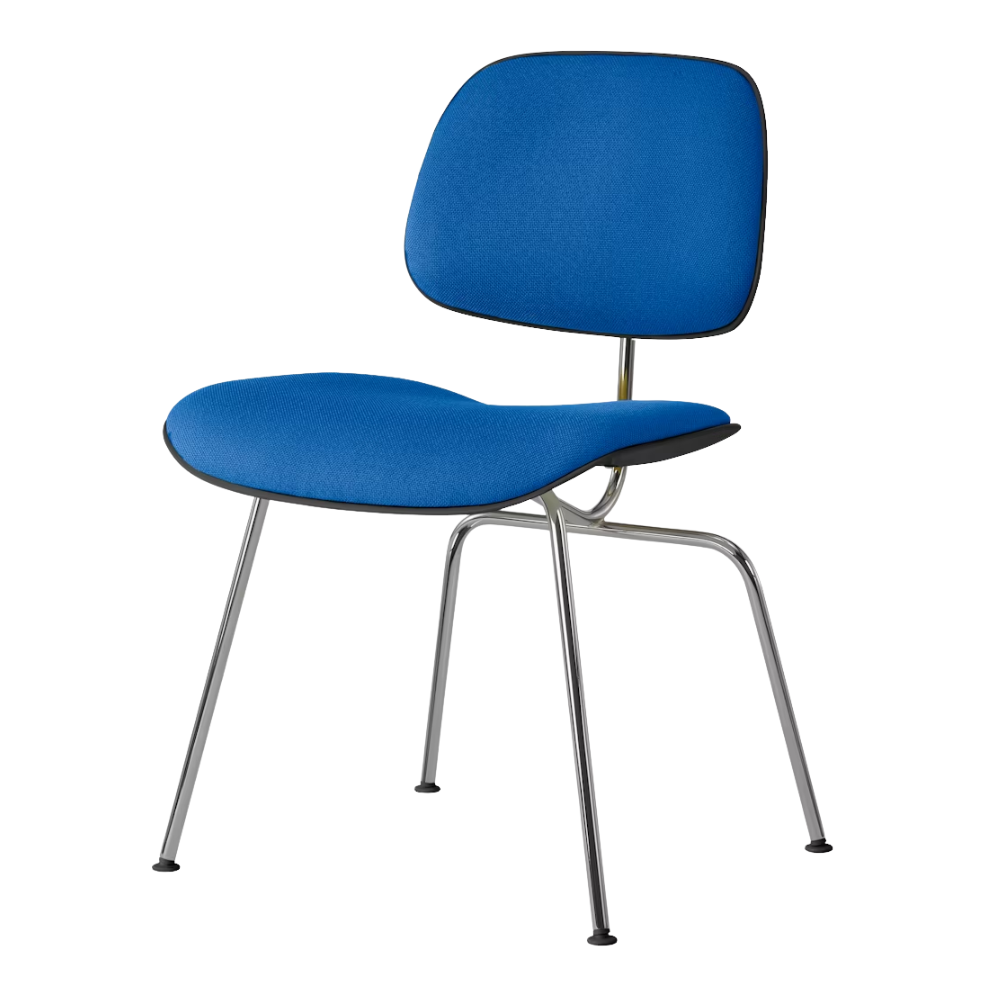 The Upholstered Eames Molded Plastic Dining Chair from Herman Miller with cobalt blue hopsak upholstery, black shell and trivalent chrome leg finish.