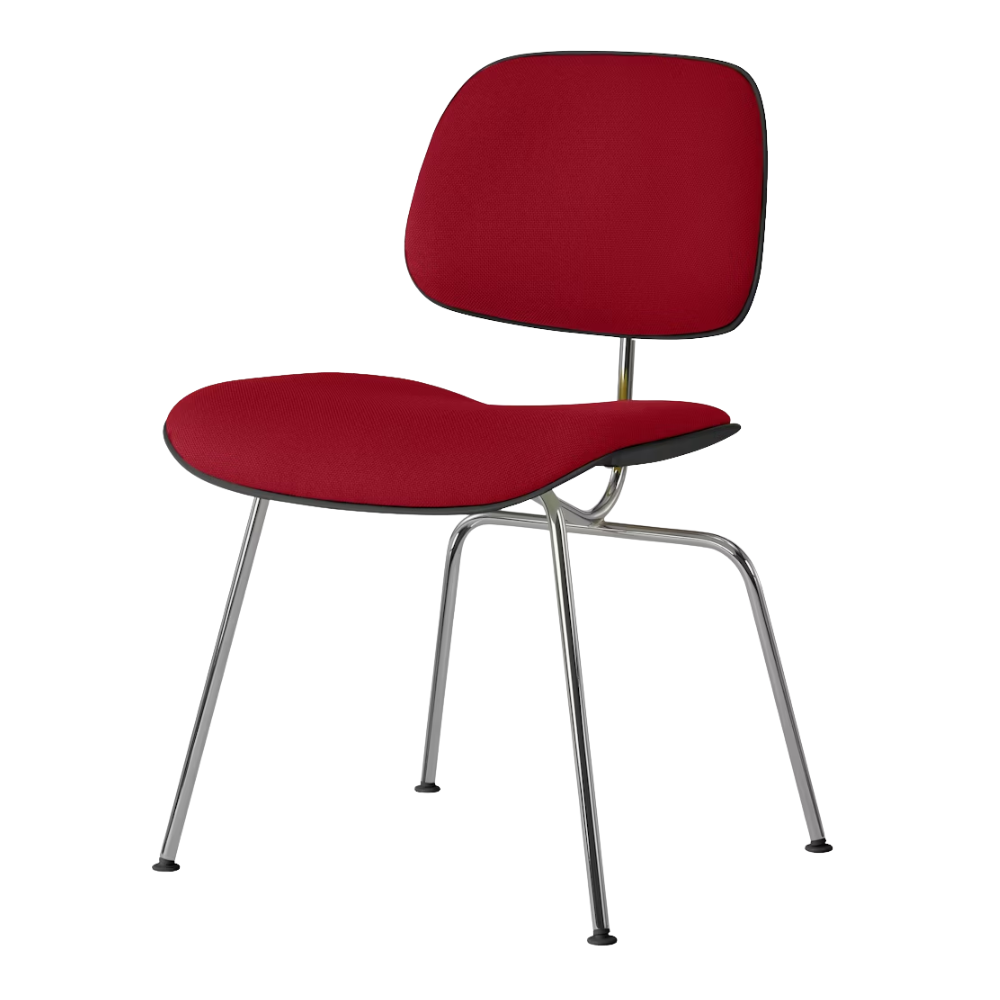 The Upholstered Eames Molded Plastic Dining Chair from Herman Miller with dark crimson hopsak upholstery, black shell and trivalent chrome leg finish.