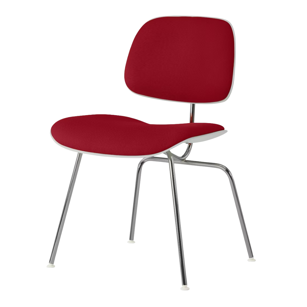 The Upholstered Eames Molded Plastic Dining Chair from Herman Miller with dark crimson hopsak upholstery, white shell and trivalent chrome leg finish.