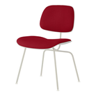 The Upholstered Eames Molded Plastic Dining Chair from Herman Miller with dark crimson hopsak upholstery, white shell and white leg finish.