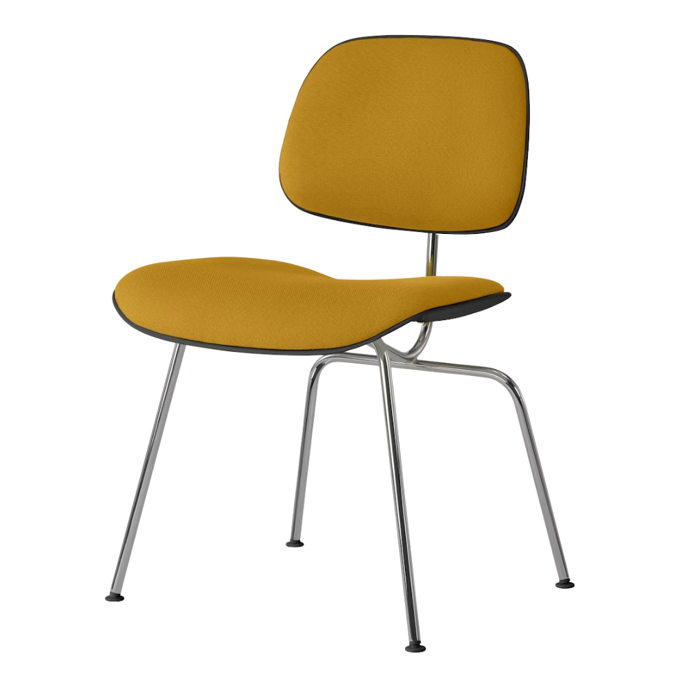 The Upholstered Eames Molded Plastic Dining Chair from Herman Miller with dark ochre hopsak upholstery, black shell and trivalent chrome leg finish.