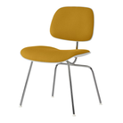 The Upholstered Eames Molded Plastic Dining Chair from Herman Miller with dark ochre hopsak upholstery, white shell and trivalent chrome leg finish.