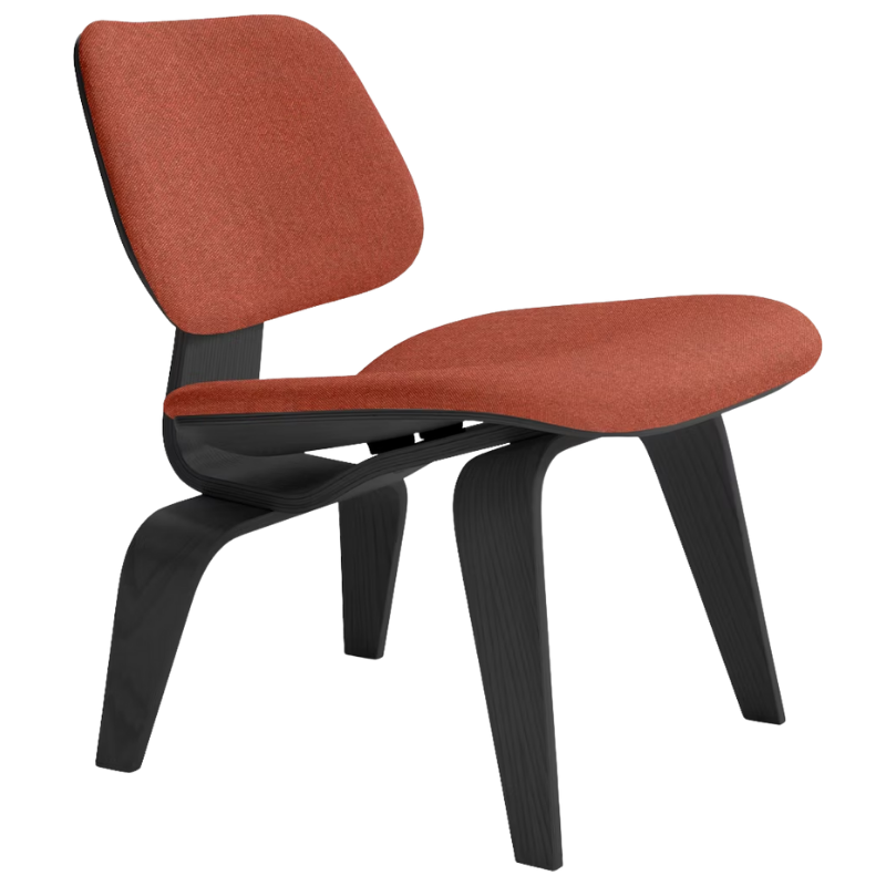 The Upholstered Ebony Eames Molded Plywood Lounge Chair Wood Base from Herman Miller with beck clayware upholstery.