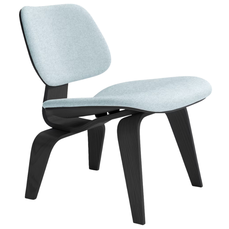 The Upholstered Ebony Eames Molded Plywood Lounge Chair Wood Base from Herman Miller with luce brine upholstery.