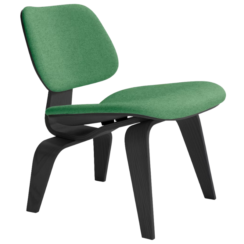 The Upholstered Ebony Eames Molded Plywood Lounge Chair Wood Base from Herman Miller with luce virescent upholstery.