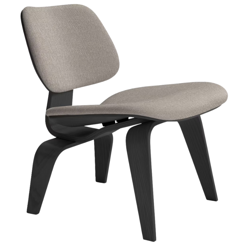 The Upholstered Ebony Eames Molded Plywood Lounge Chair Wood Base from Herman Miller with mode sycamore upholstery.