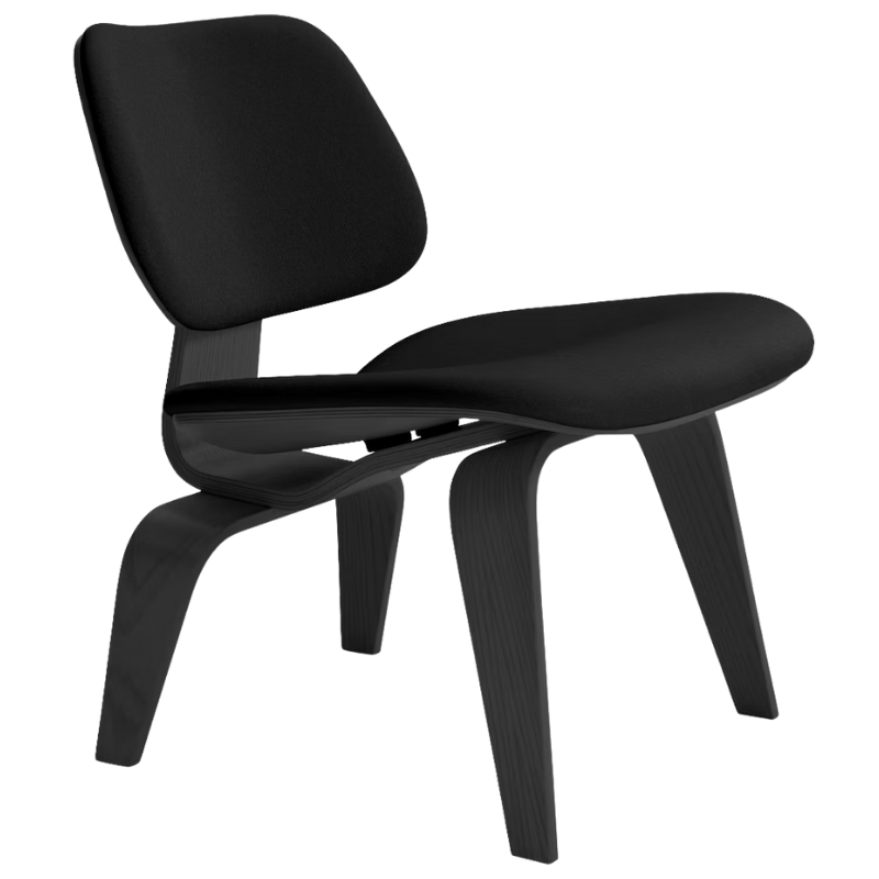 The Upholstered Ebony Eames Molded Plywood Lounge Chair Wood Base from Herman Miller with prone leather obsidian upholstery.