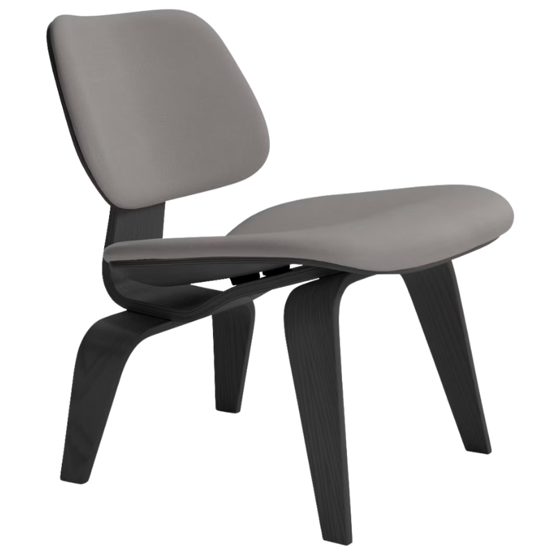 The Upholstered Ebony Eames Molded Plywood Lounge Chair Wood Base from Herman Miller with prone leather script upholstery.