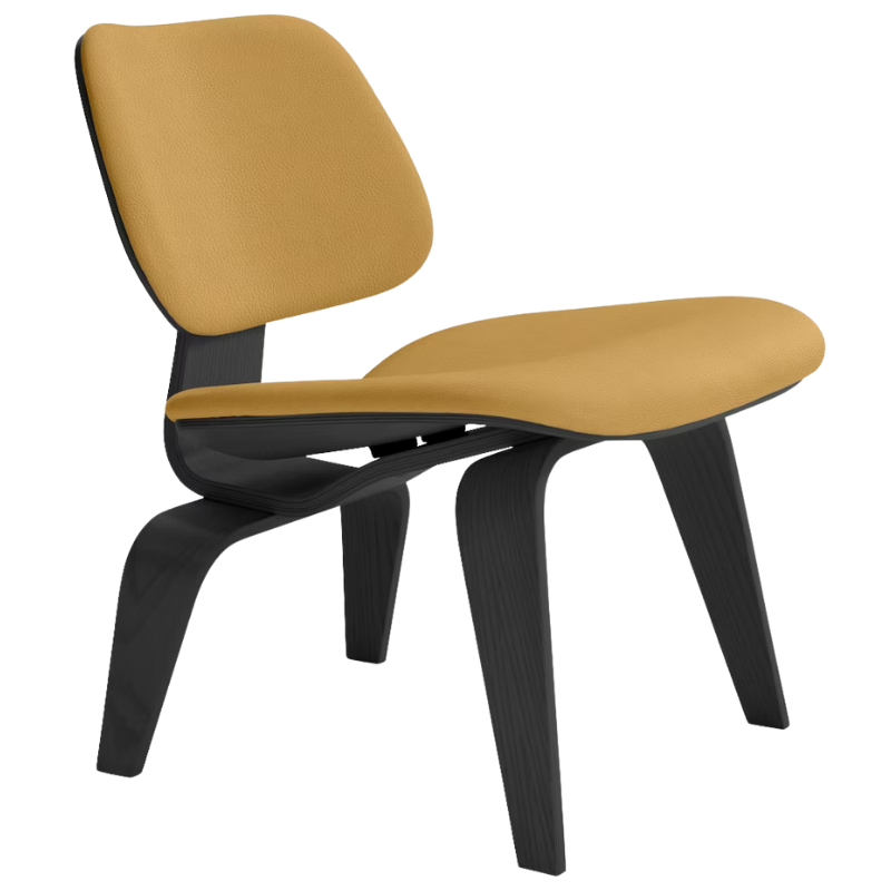 The Upholstered Ebony Eames Molded Plywood Lounge Chair Wood Base from Herman Miller with prone leather yarrow upholstery.