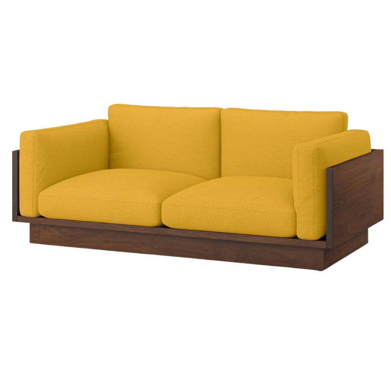 The Tudor Walnut Pawson Drift 80" Sofa from Herman Miller with mode goldenrod upholstery.