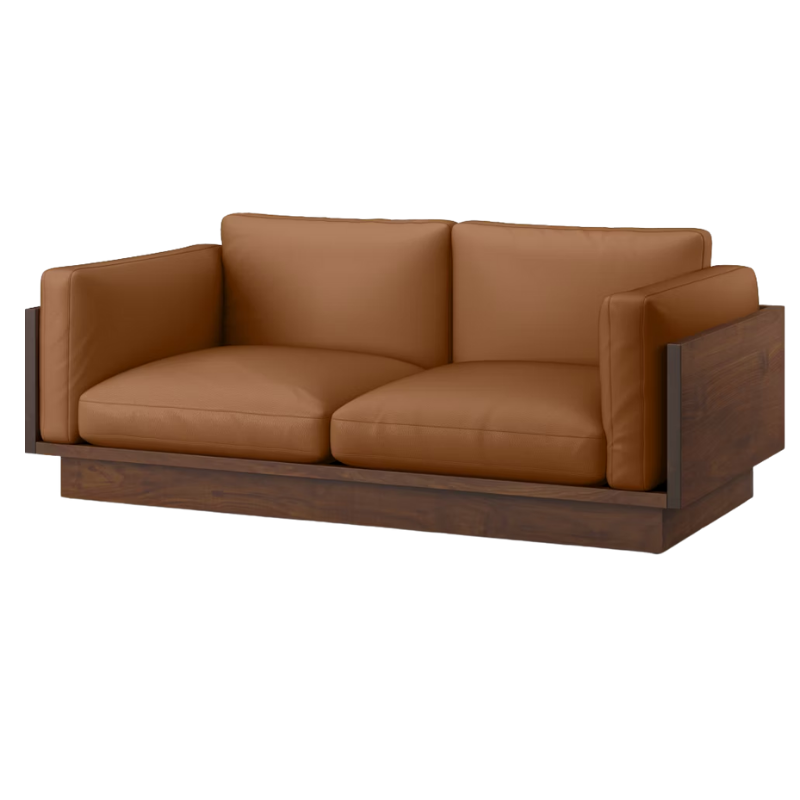 The Tudor Walnut Pawson Drift 80" Sofa from Herman Miller with prone leather bricolage upholstery.