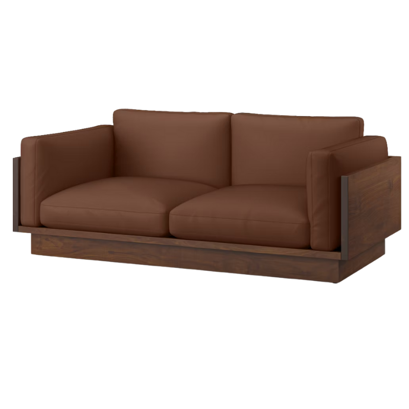 The Tudor Walnut Pawson Drift 80" Sofa from Herman Miller with prone leather ledge upholstery.