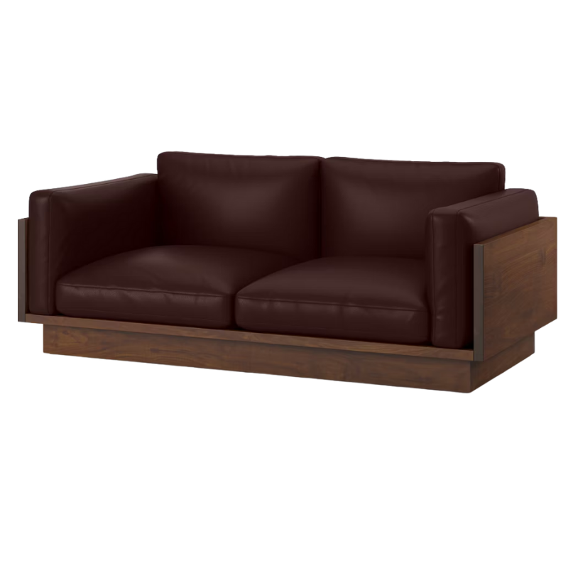 The Tudor Walnut Pawson Drift 80" Sofa from Herman Miller with prone leather mantra upholstery.