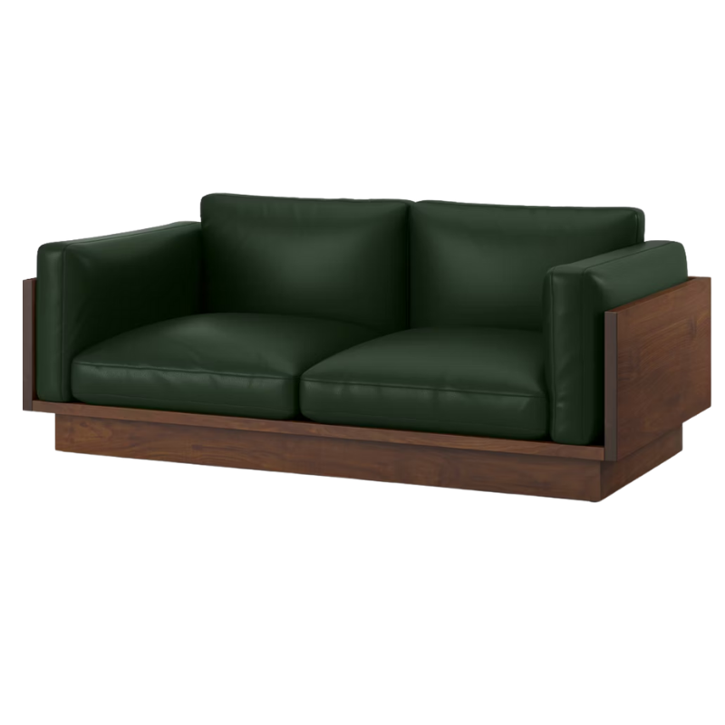 The Tudor Walnut Pawson Drift 80" Sofa from Herman Miller with raise leather verde upholstery.