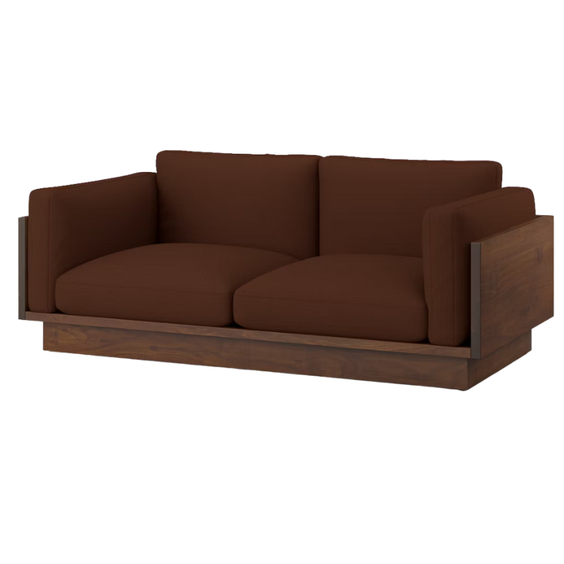 The Tudor Walnut Pawson Drift 80" Sofa from Herman Miller with tempo velvet burgundy upholstery.