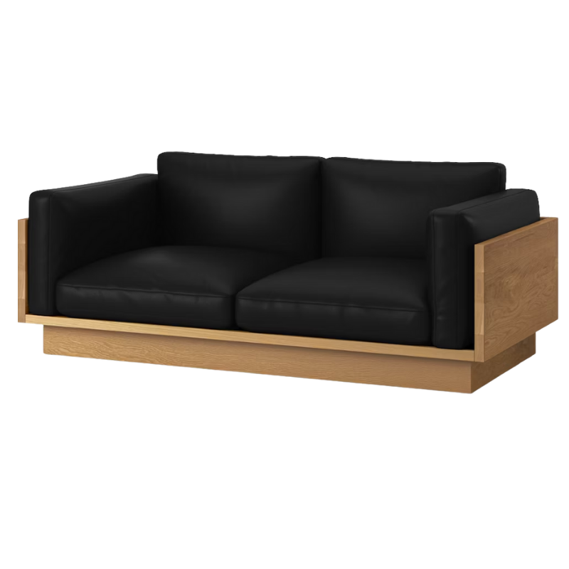 The White Oak Pawson Drift 80" Sofa from Herman Miller with raise leather black upholstery.