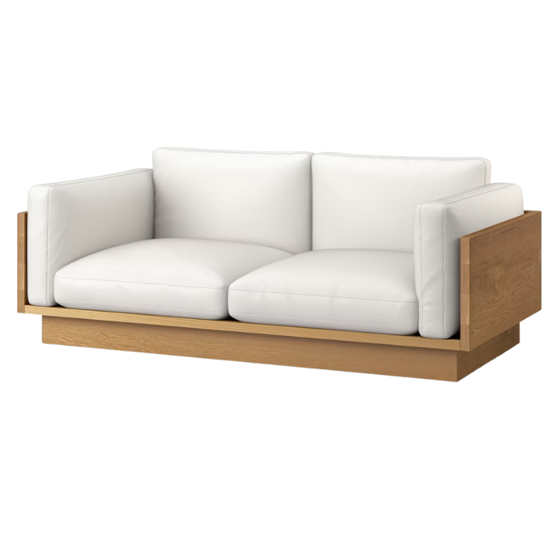 The White Oak Pawson Drift 80" Sofa from Herman Miller with raise leather creme upholstery.