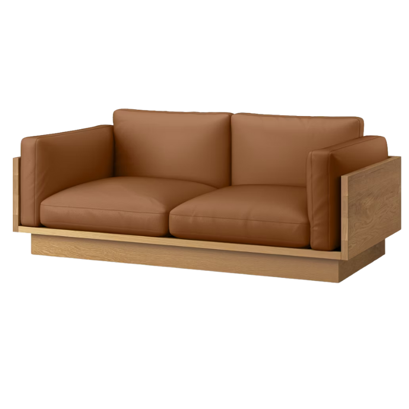 The White Oak Pawson Drift 80" Sofa from Herman Miller with raise leather sienna upholstery.