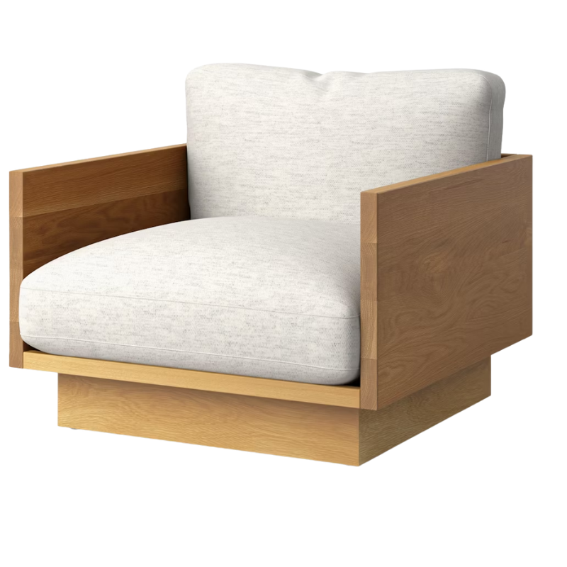 The White Oak Pawson Drift Lounge Chair from Herman Miller with luce brioche upholstery.