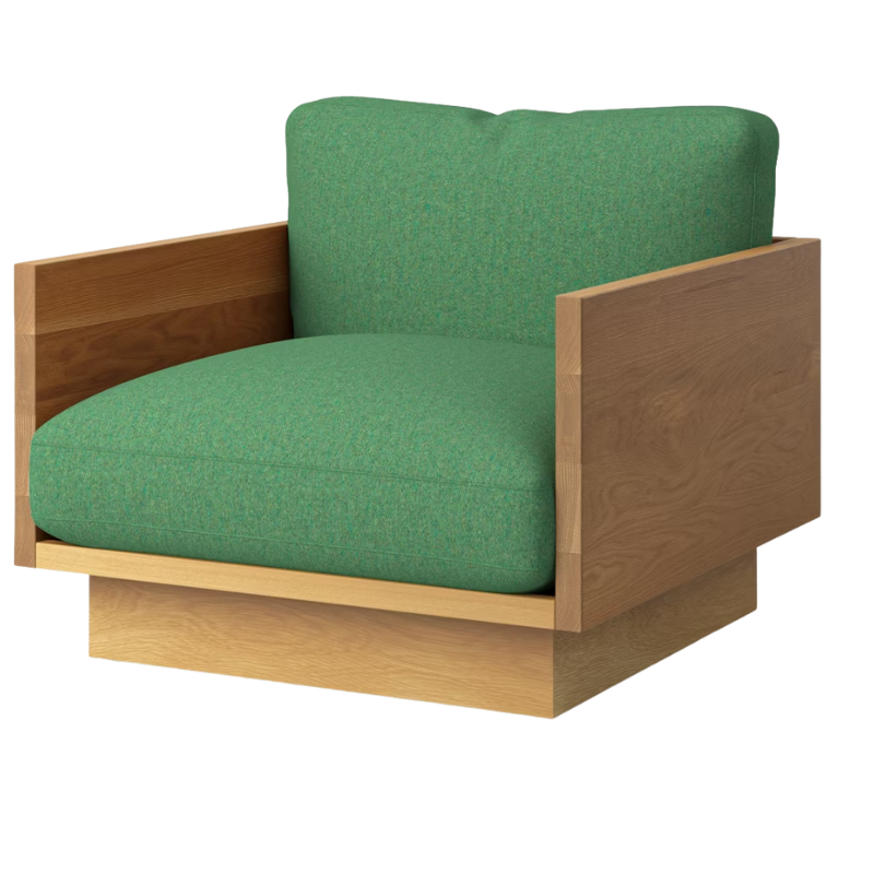 The White Oak Pawson Drift Lounge Chair from Herman Miller with luce virescent upholstery.