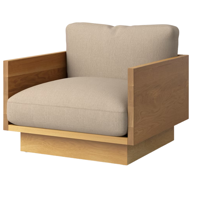The White Oak Pawson Drift Lounge Chair from Herman Miller with mode basket upholstery.