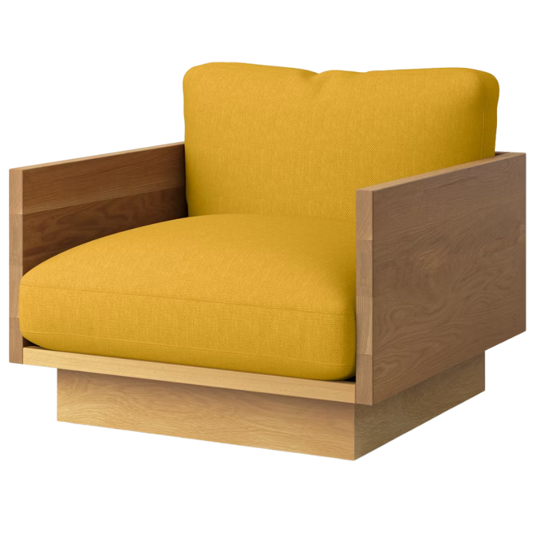 The White Oak Pawson Drift Lounge Chair from Herman Miller with mode goldenrod upholstery.